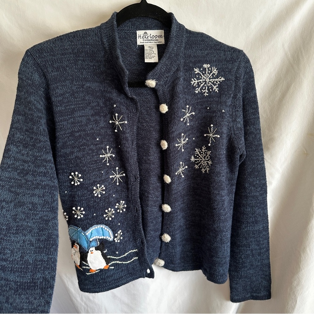 Heirloom Collectibles Kids Navy Blue Snowflake Snowman Cardigan Size 12/14
